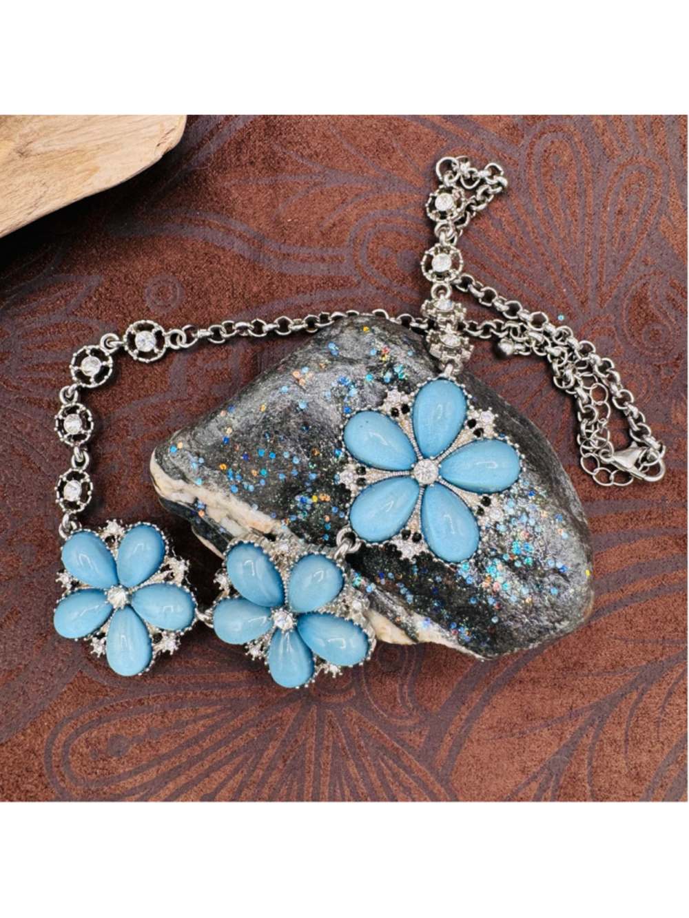 Blue Floral Statement Necklace Silver Tone Rhinestone Flower Bib Necklace